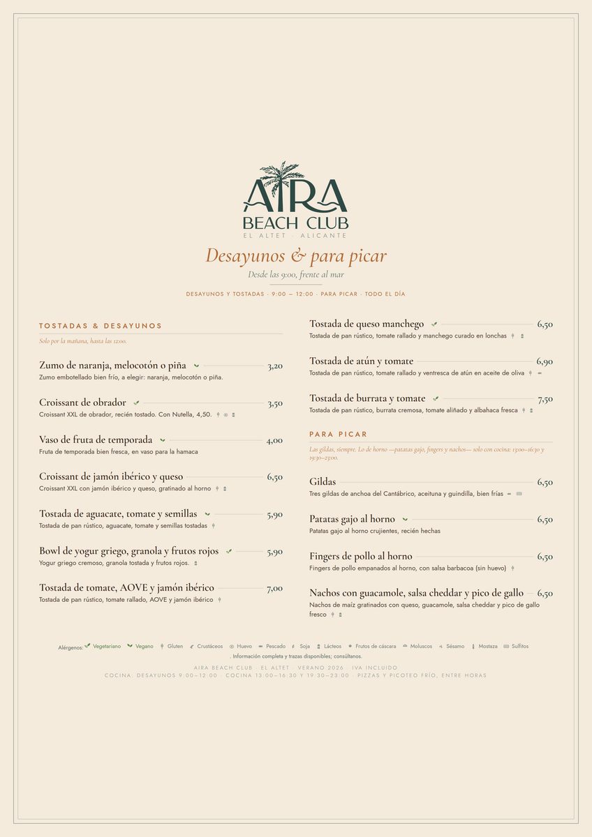 Carta de Aira Beach Club: desayunos y para picar