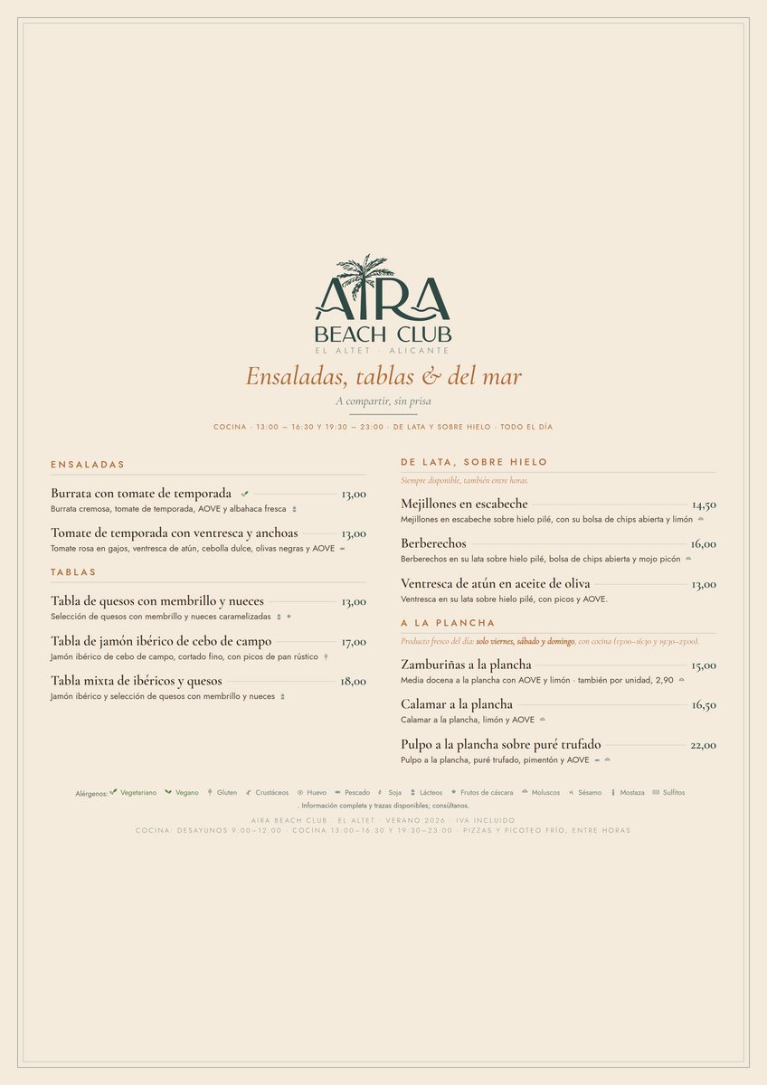 Carta de Aira Beach Club: ensaladas, tablas y producto del mar