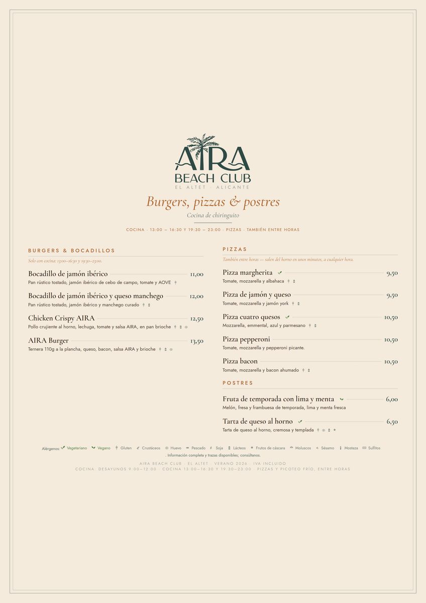 Carta de Aira Beach Club: burgers, pizzas y postres