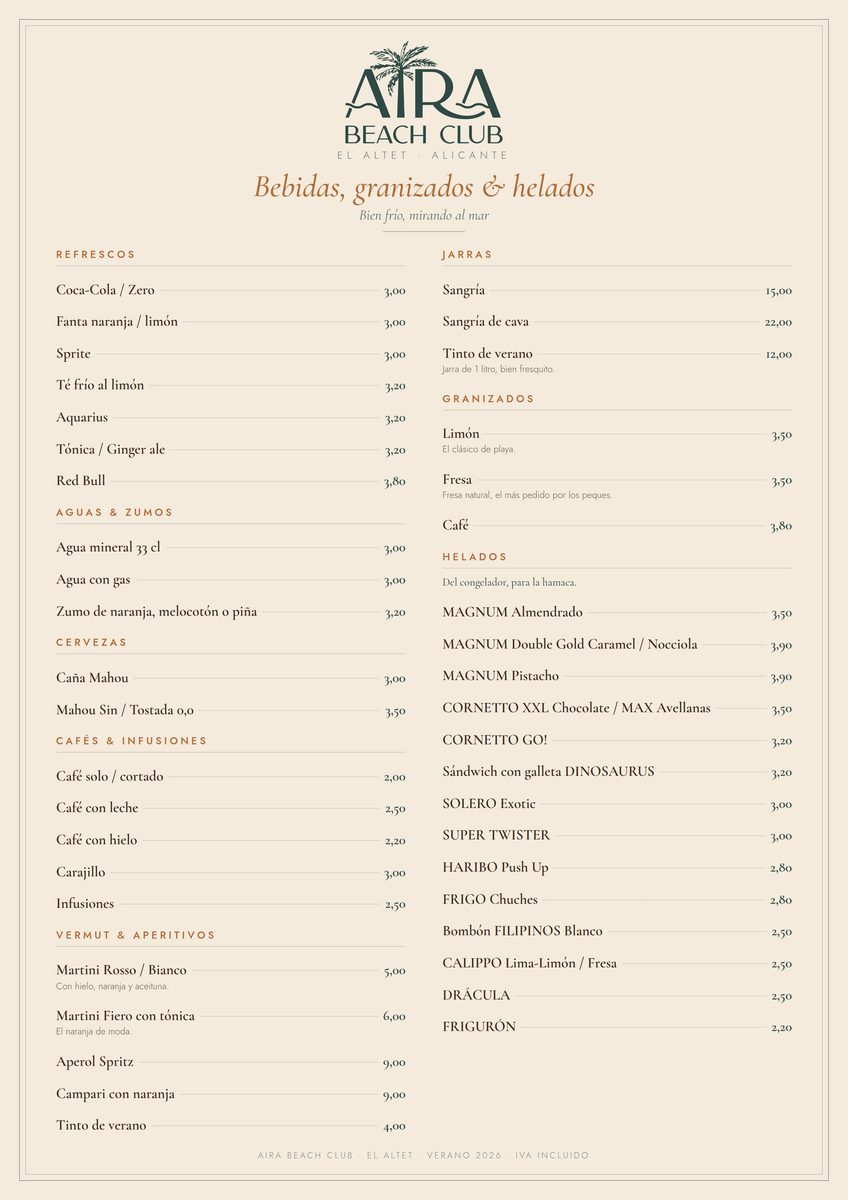 Carta de Aira Beach Club: bebidas, granizados y helados