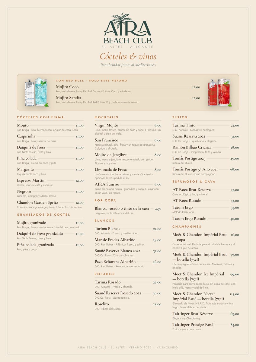 Carta de Aira Beach Club: cócteles y vinos